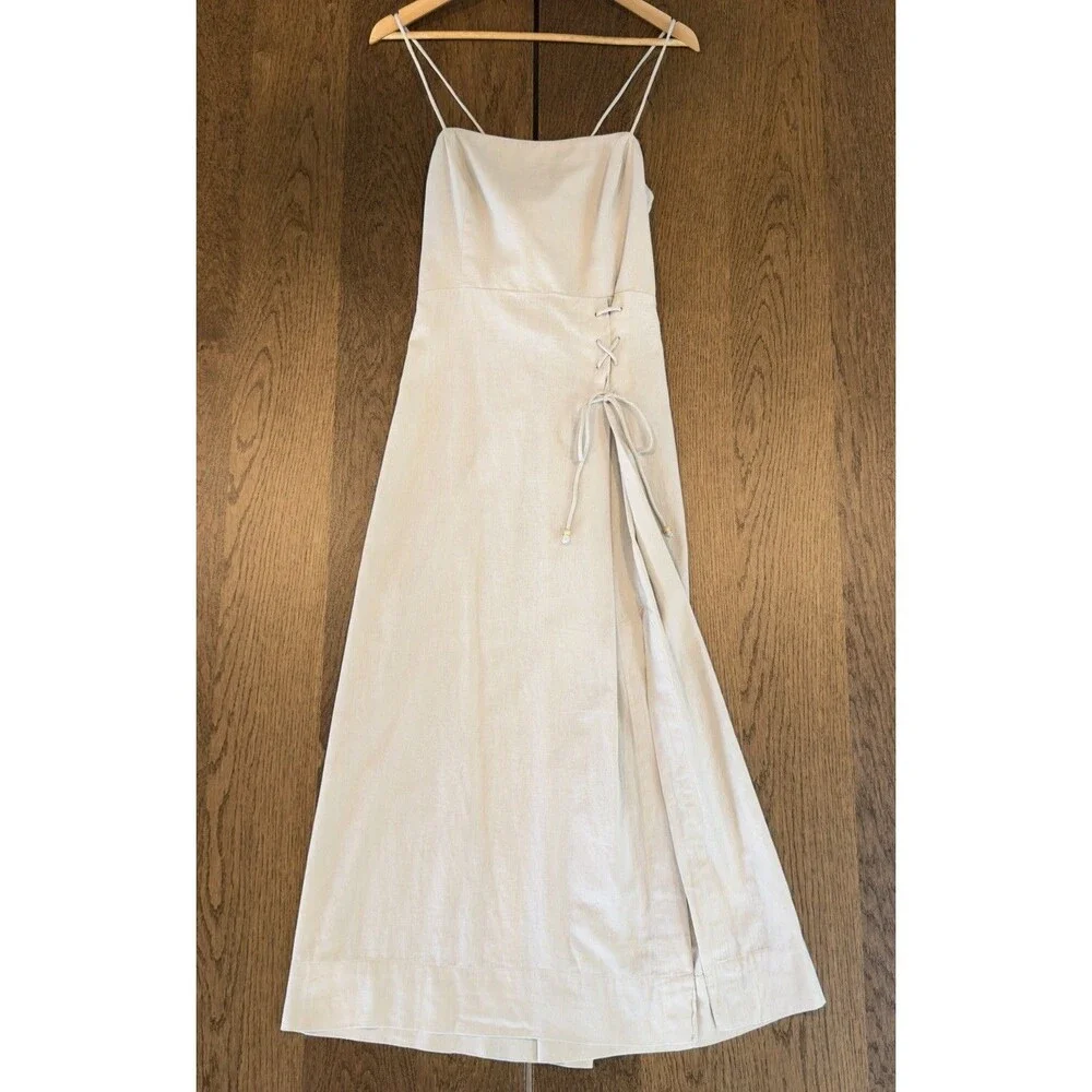 NWT Free People Francesca Linen Midi Dress Womens Sz L Ocean Pearl Lace Up Slit